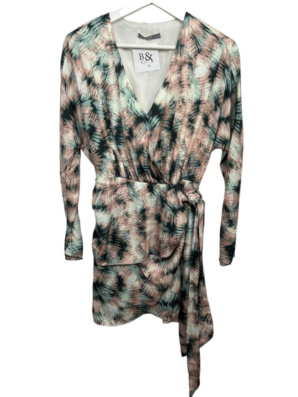 Tart Collections Wrap Dress Women's S Pink Green Tie Dye Long Sleeve